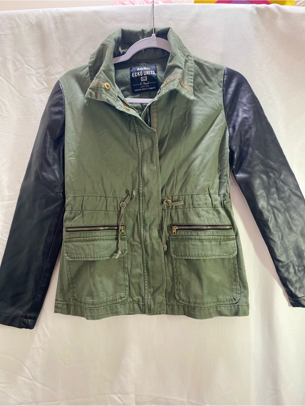 ECKO UNLTD Green Black Military Jacket Full Zip Pockets Drawstring Waist XS